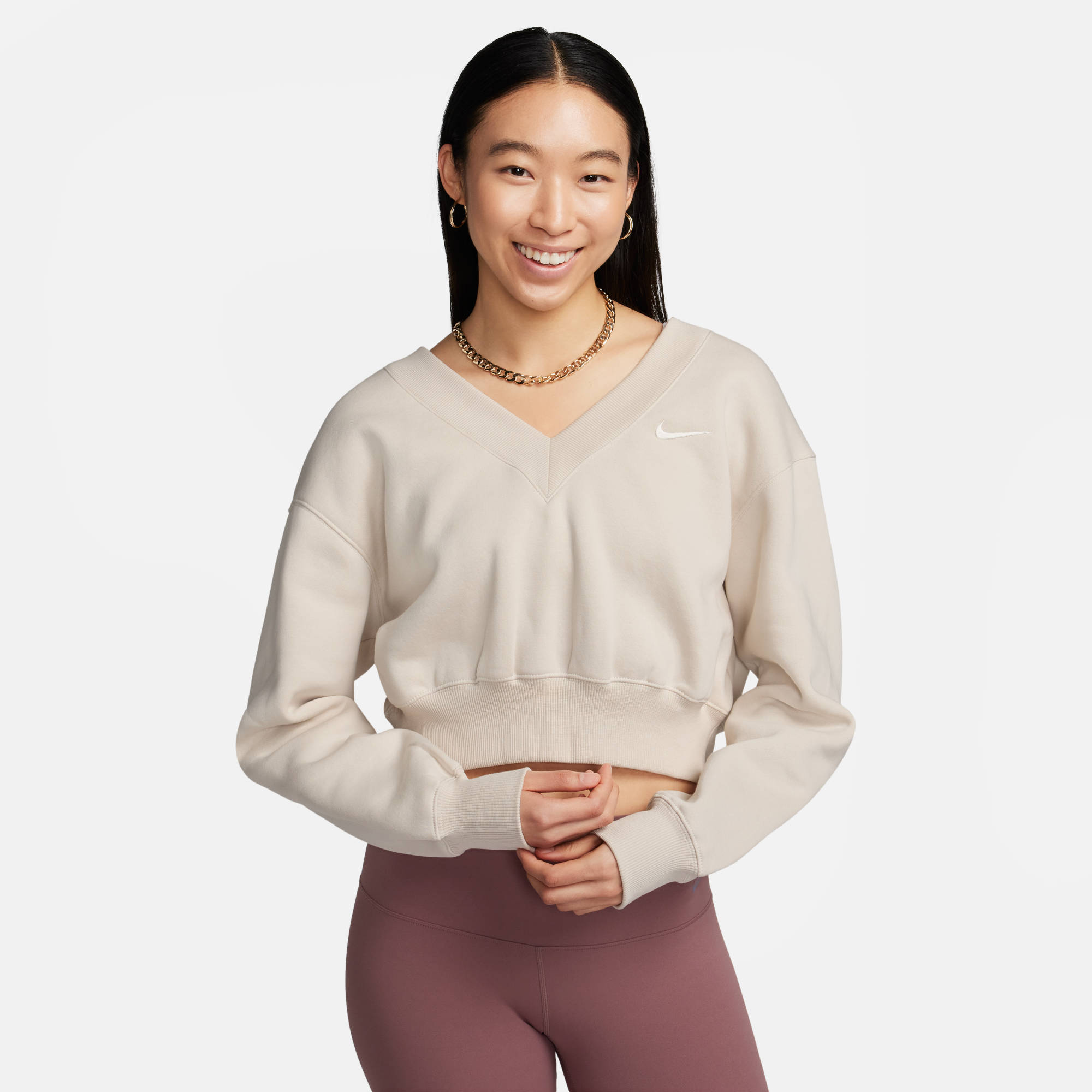 NIKE W NSW PHNX FLC CROP VNECK LT OREWOOD BRN/SAIL